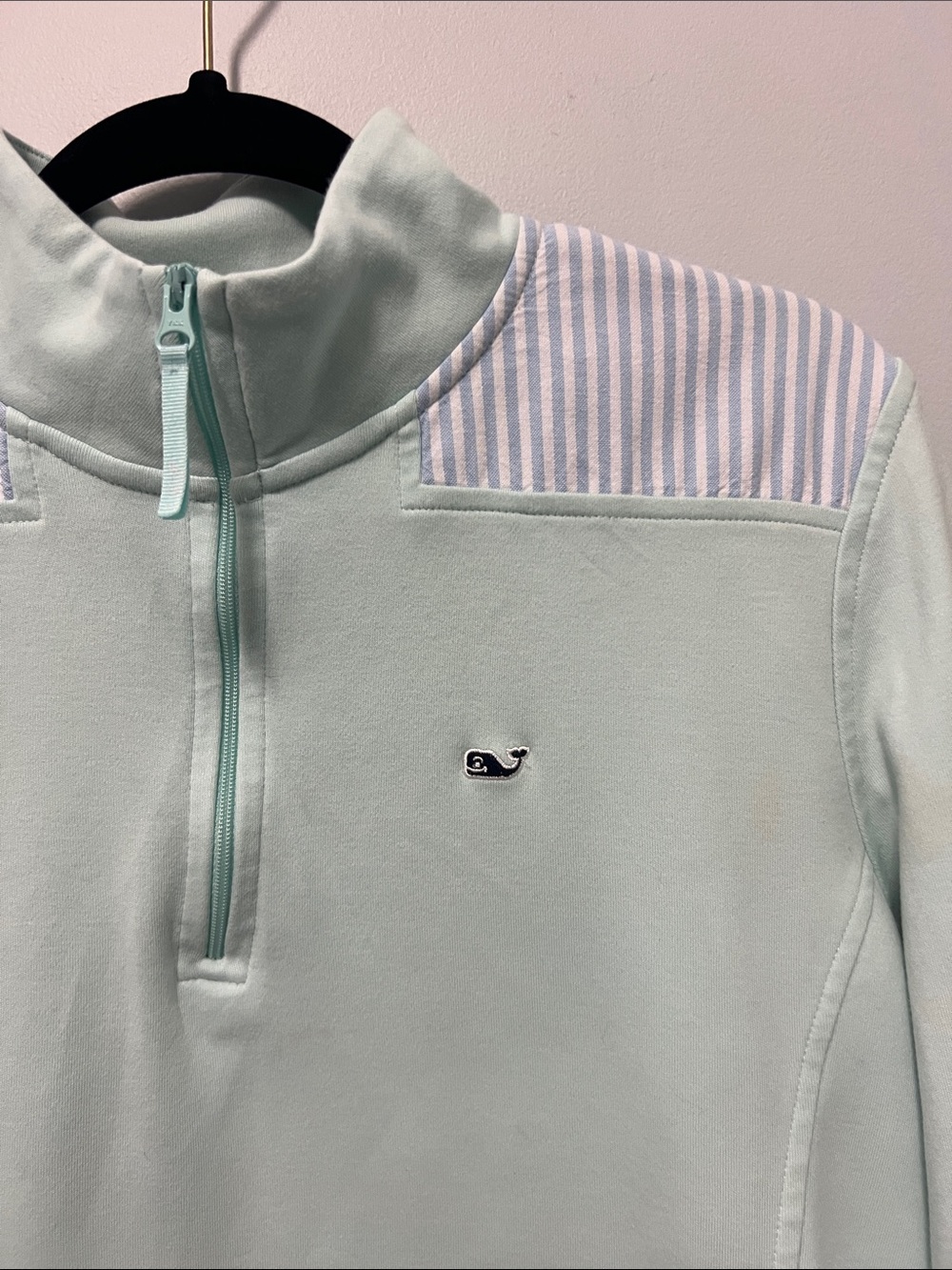 Vineyard Vines 100% Cotton Mint Quarter-Zip with Striped Shoulder Panels